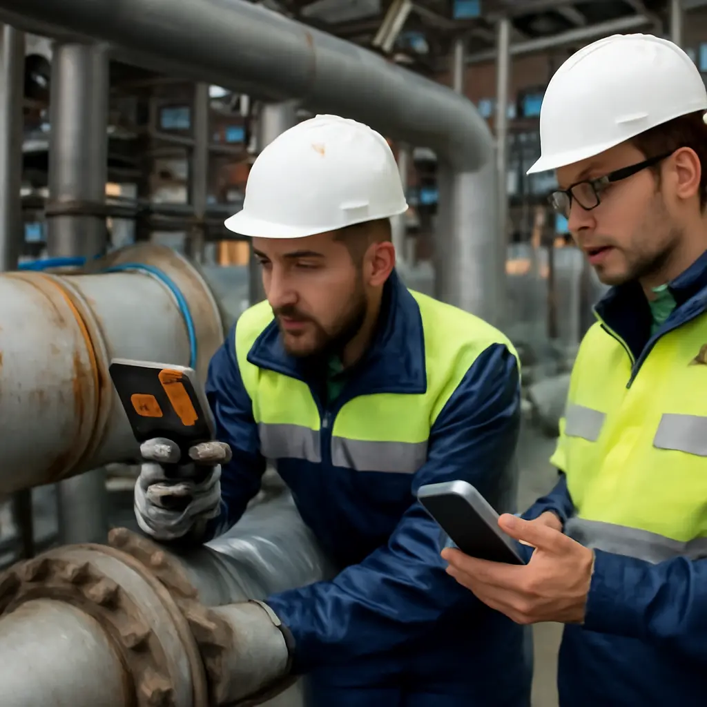 Техник делает экстренную диагностику трубопровода с помощью приборов