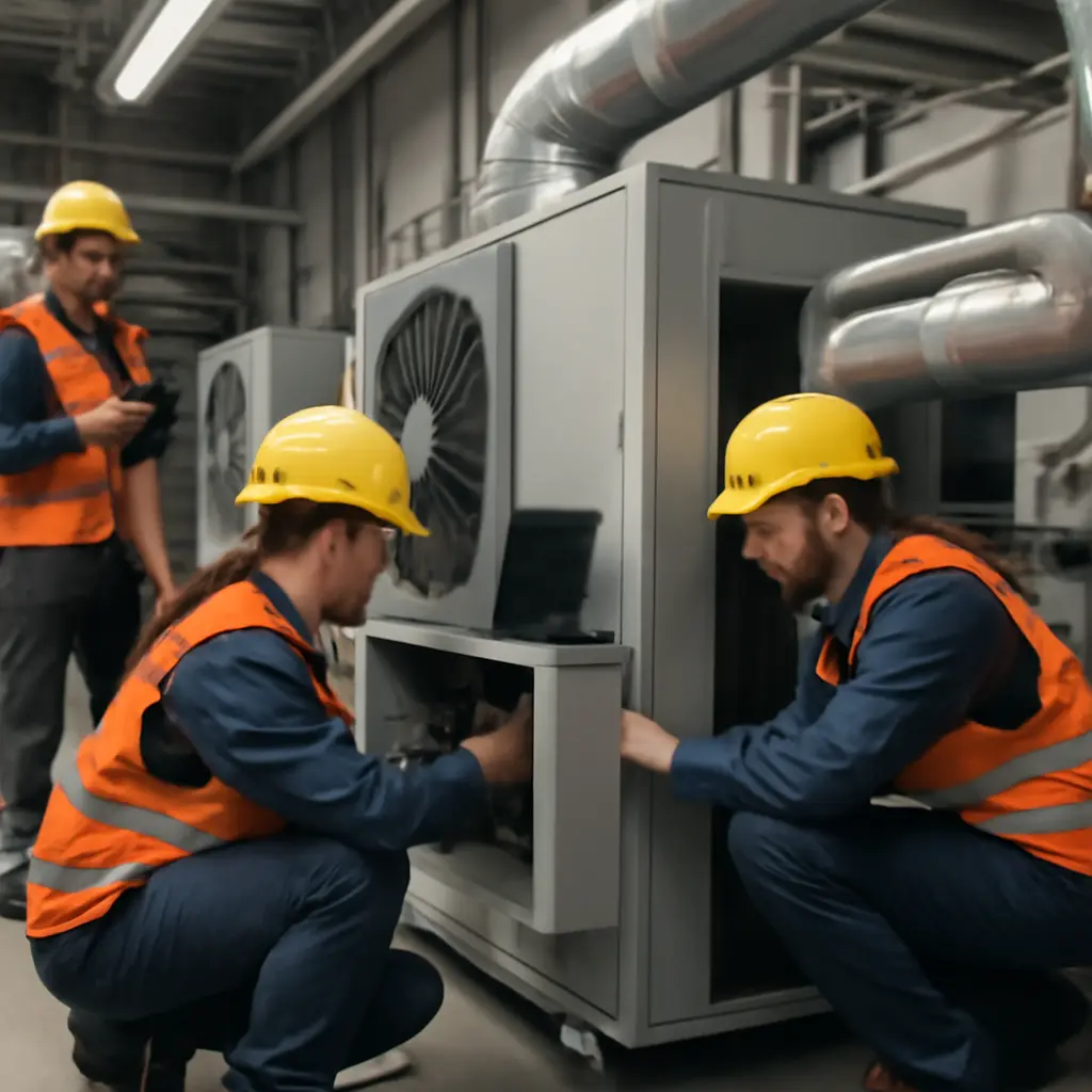Инженерное оборудование на объекте Монтажная бригада обслуживает инженерное оборудование в промышленном помещении