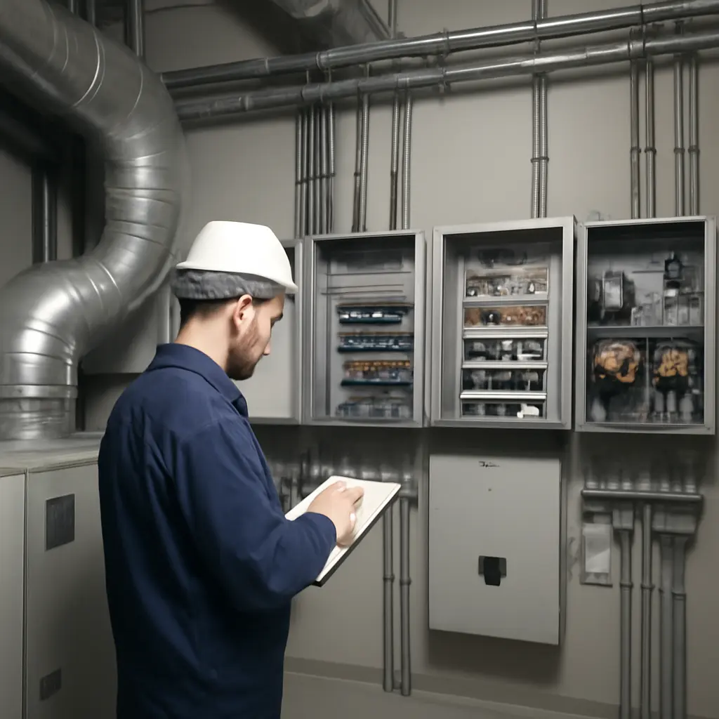 Техник проверяет систему отопления и электрики в серверной