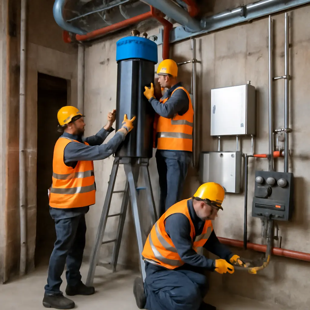 Монтаж инженерных систем на объекте Монтажники устанавливают инженерное оборудование в помещении