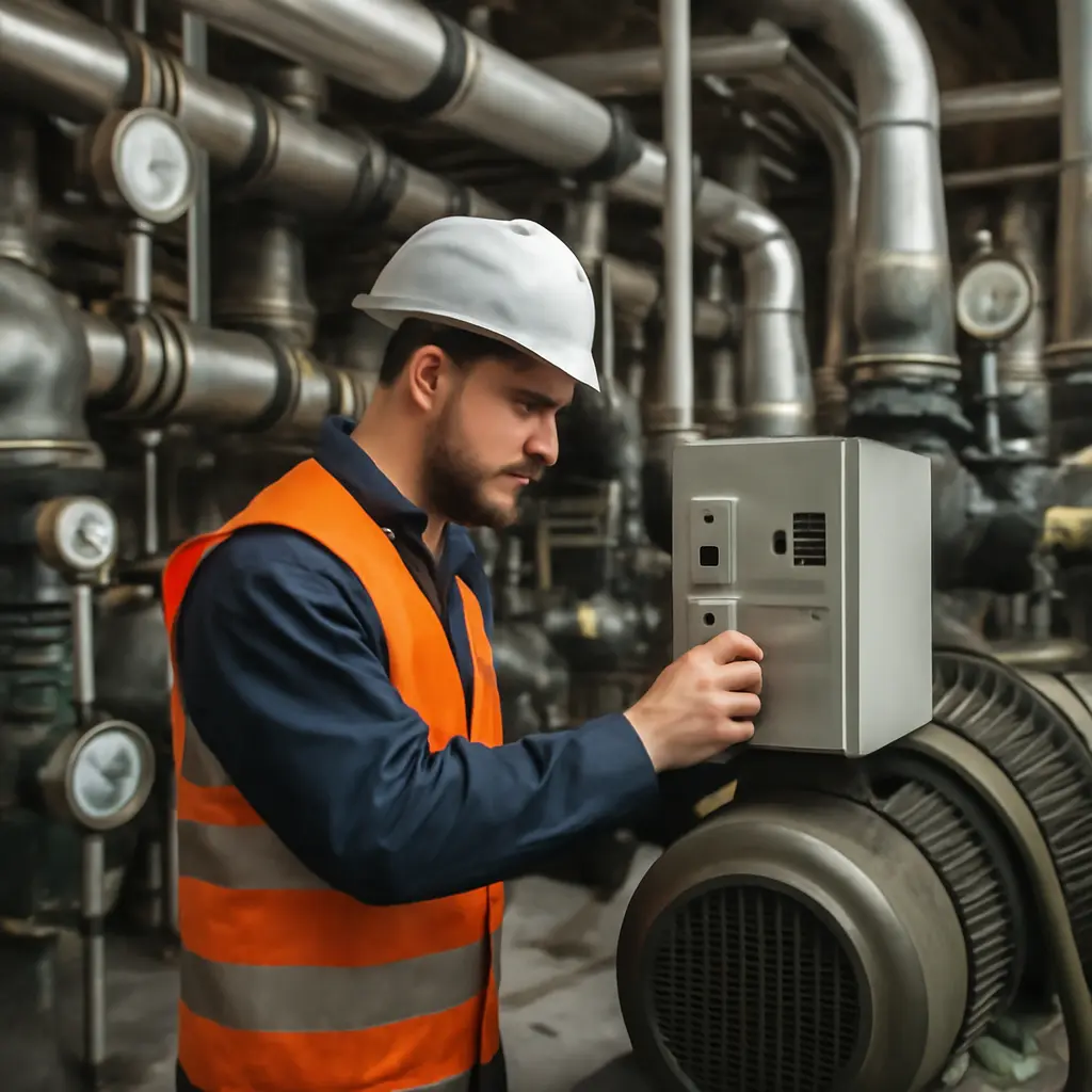 Обслуживание инженерных систем Инженер обслуживает систему в техническом помещении