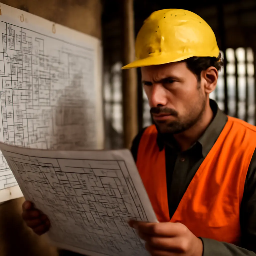 Проблемы при монтаже инженерных систем Инженер обсуждает чертежи на объекте, проявляются проблемы монтажа