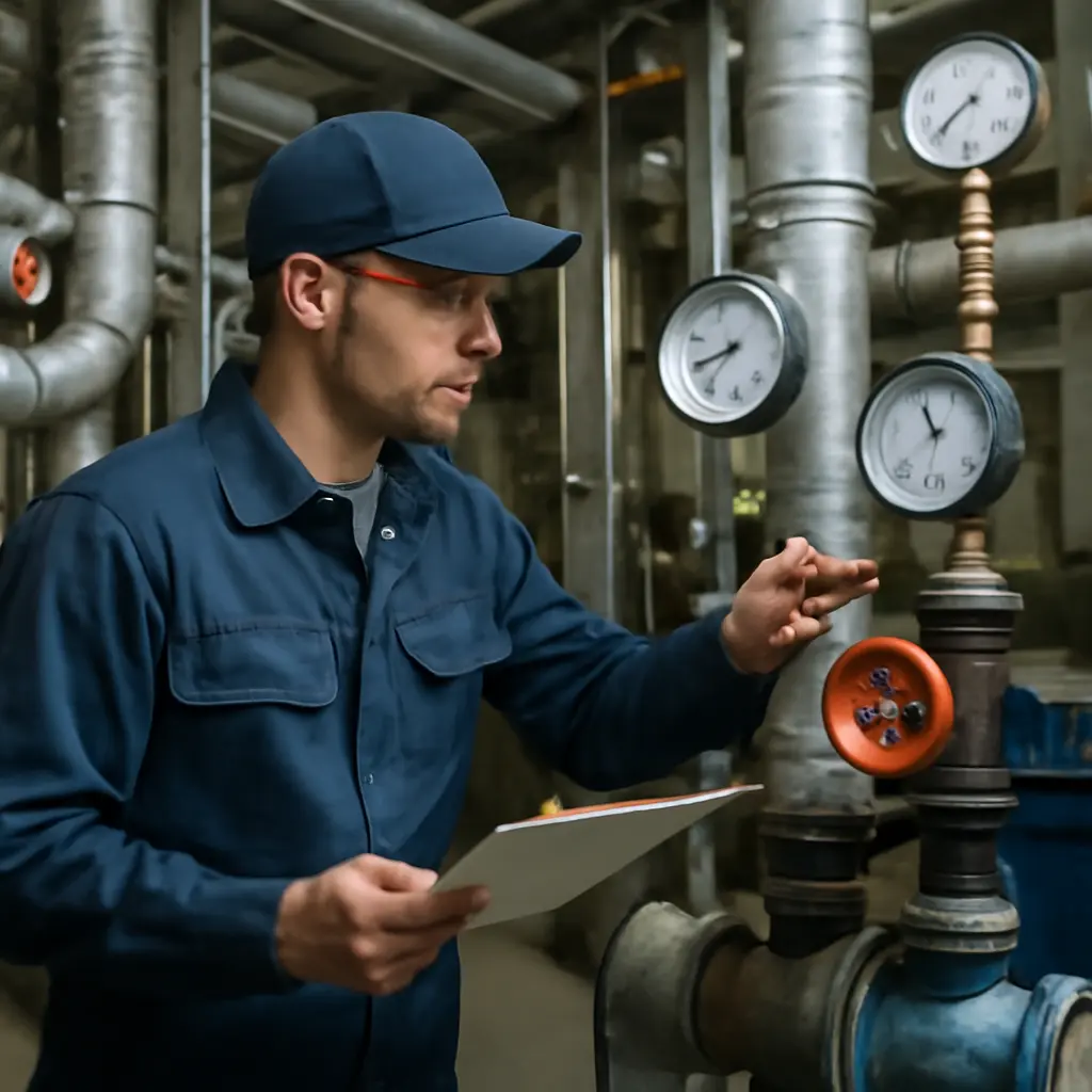 Техник проверяет оборудование инженерной системы во время сервисного обслуживания